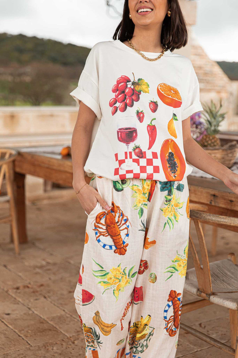 Graffiti Printing Loose Short Sleeve T shirt Wide Leg Straight Pants Vacation Set