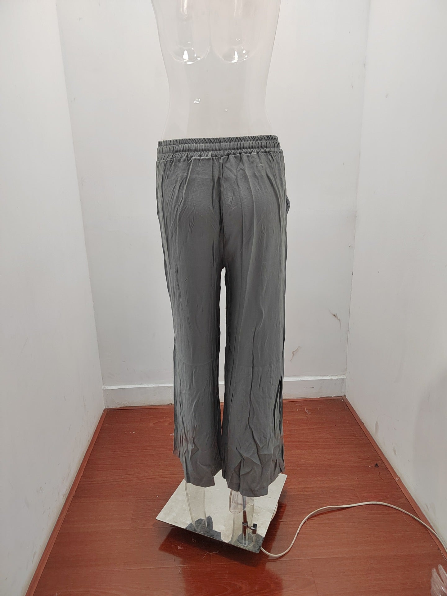 Summer Women High Waist Casual Trousers Solid Color Elastic Waist Lace-up Loose Wide-Leg Pants Women