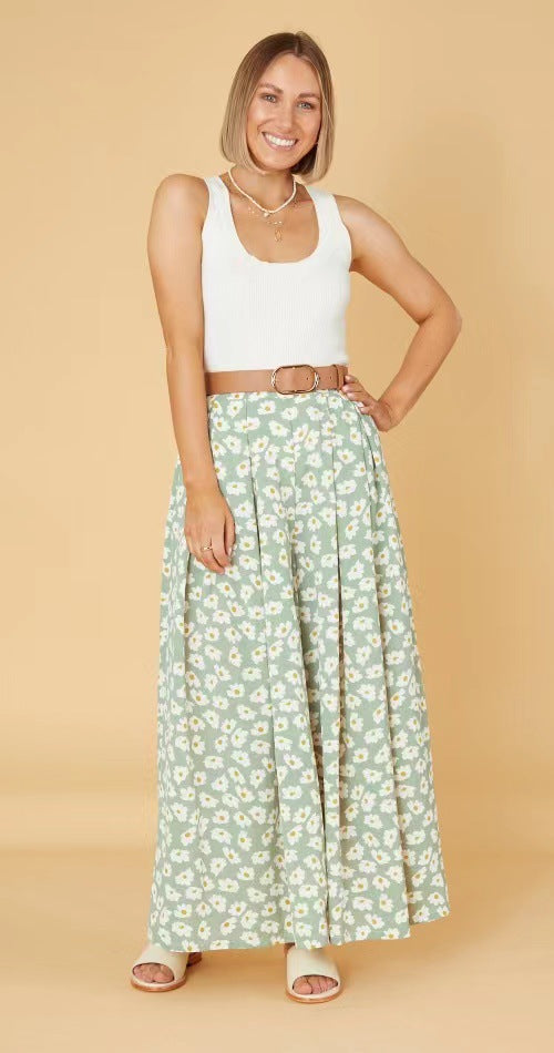 Spring Summer Office Green No Belt Loose Little Daisy Cotton Trousers Mid Waist Women Wide Leg Pants