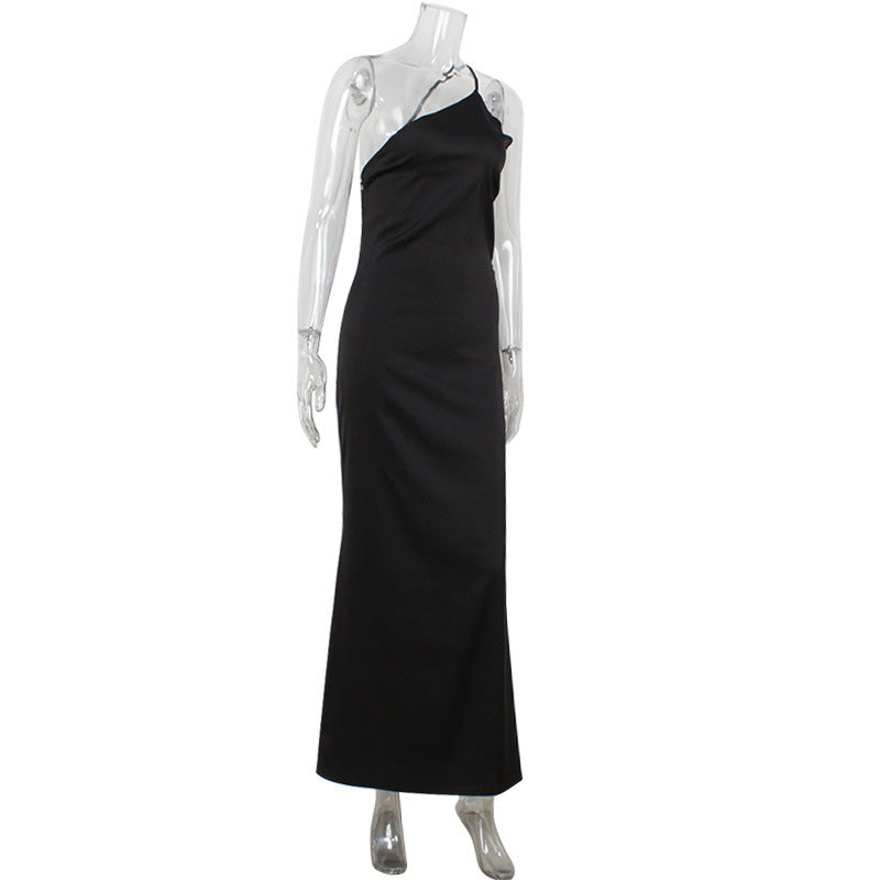 Women Slim Fit Elegant Diagonal Collar Strap Backless Solid Color Mop Evening Dress Women