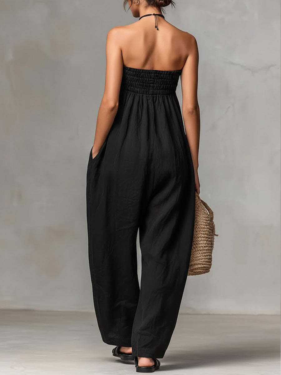 Women Spring Clothing Lace up Tube Top Smocking Jumpsuit Strapless