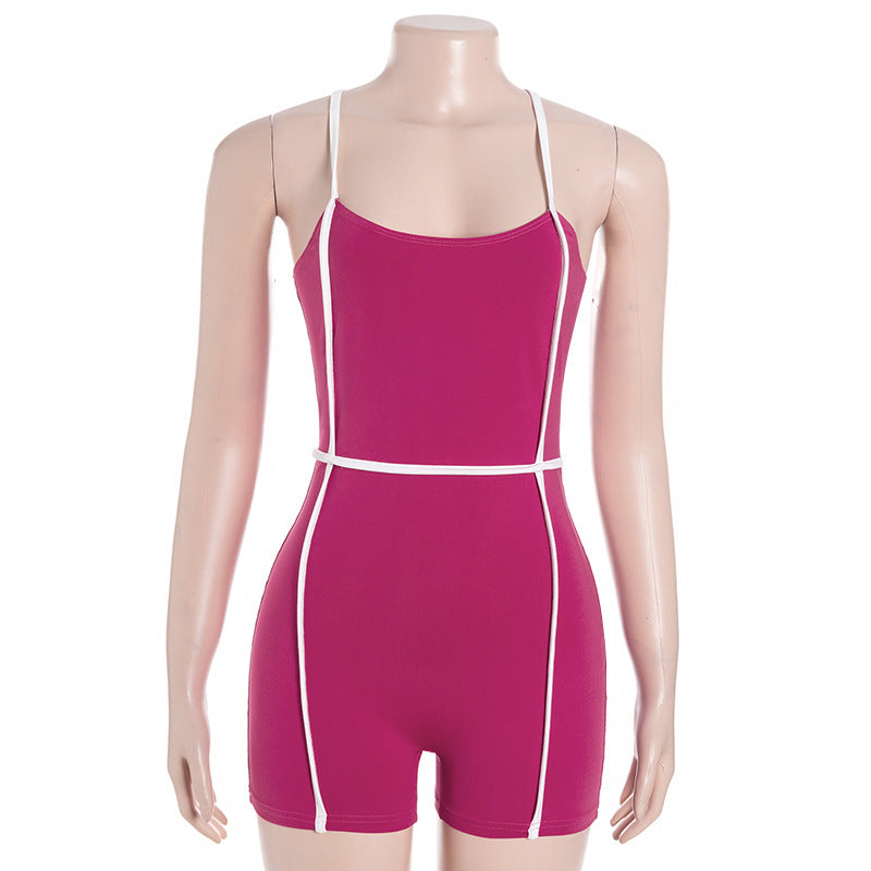 Cross Shoulder Strap Sleeveless Beauty Back Contrast Color Slim Fit High Waist Sports Jumpsuit