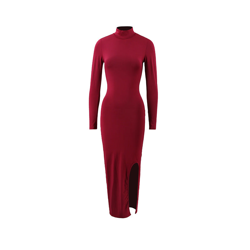 Autumn Elegant Socialite Private Clothes Stand Collar Long Sleeve Slim Sheath Split Dress Delivery