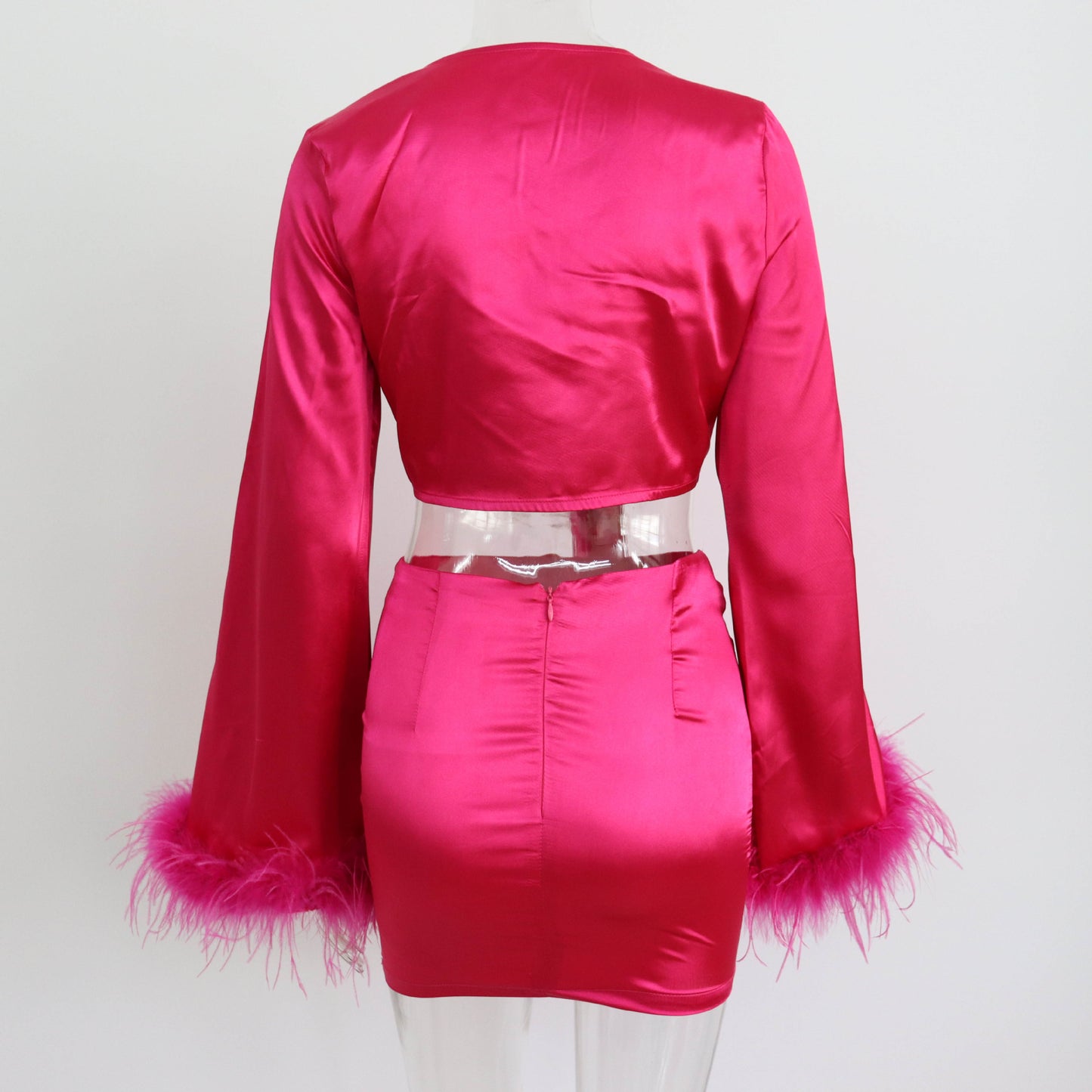 Satin Set Feather V neck Patchwork Sexy Lace up Short Top Hip Skirt Slit Casual Pants