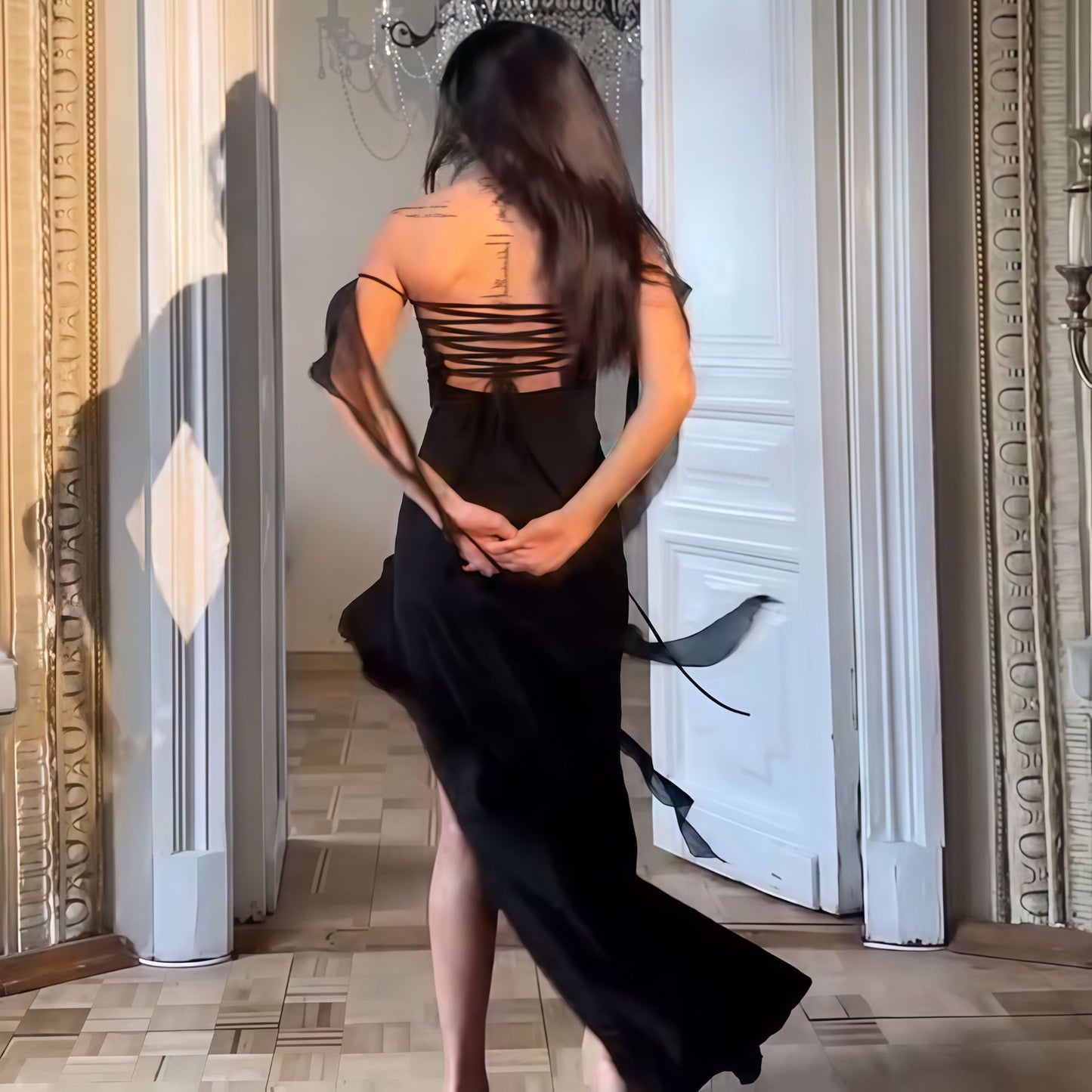 Summer Women Elegant Tube Top Ribbon Ruffled Split Sling Dress