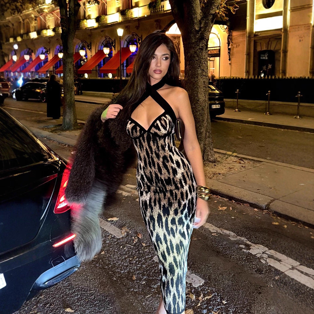 Sexy Night Club Women Clothing Cross Halterneck Backless Slim Fit Tight Leopard Print Elegant Sexy Dress