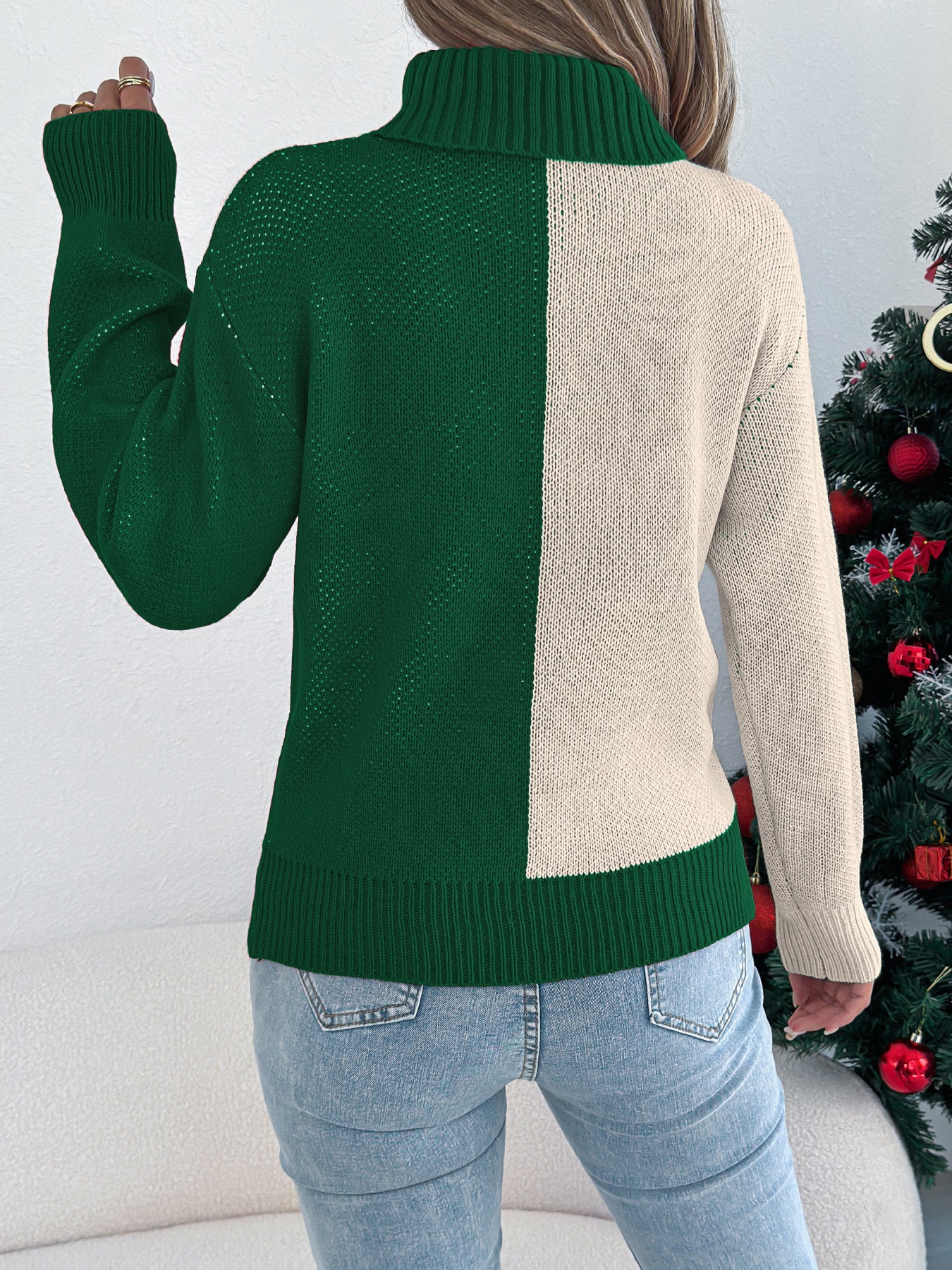 Fall Winter Contrast Color Deer Lantern Long Sleeve Turtleneck Pullover Women Christmas