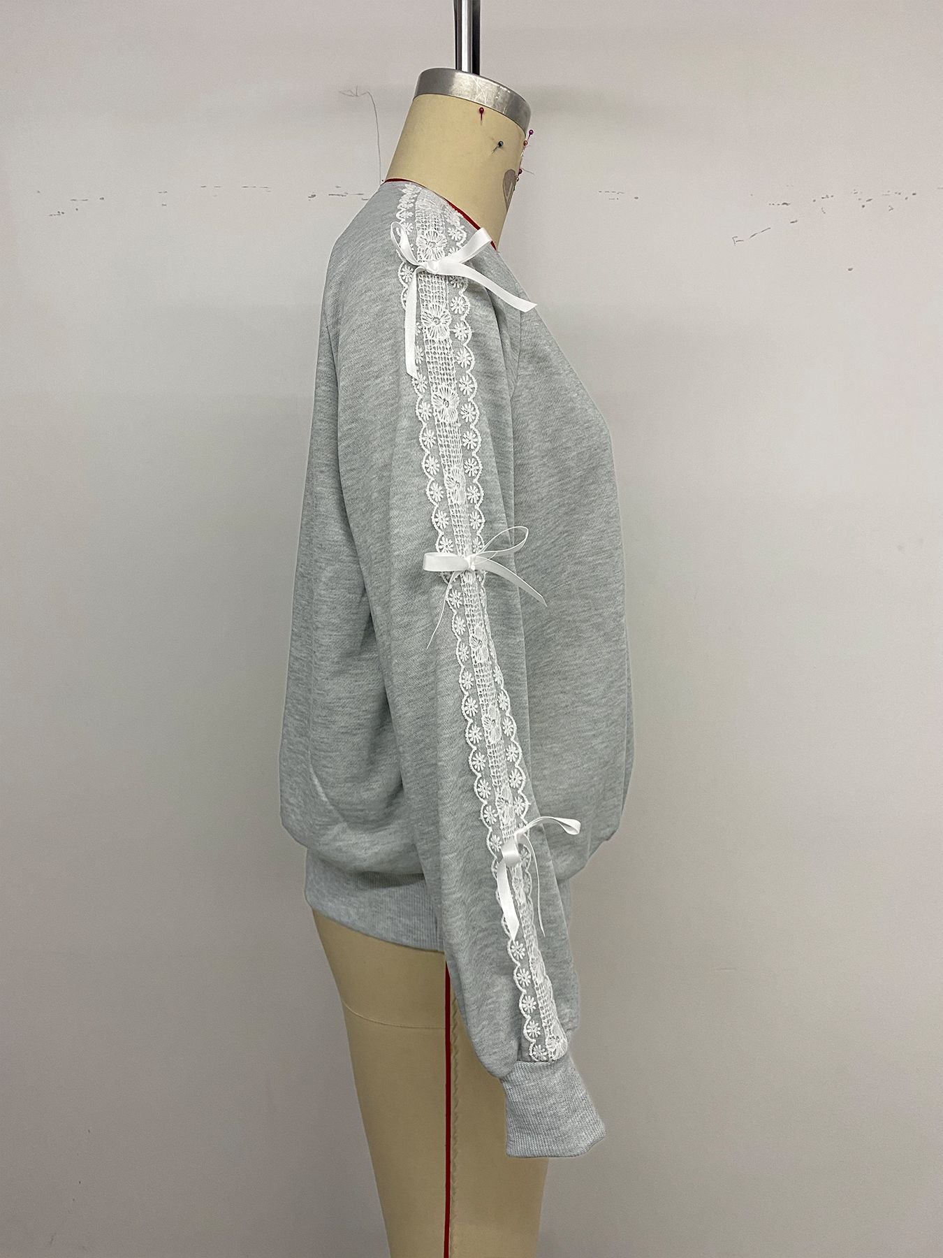 Casual Sweet Top Bow Lace Stitching Gray Long Sleeves Autumn Sweatshirts