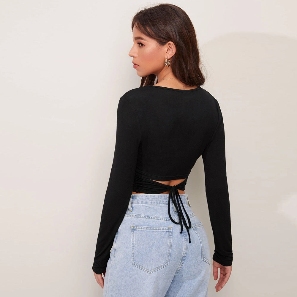Autumn Winter Women Short Slim Fit High Elastic Long Sleeved T shirt Top
