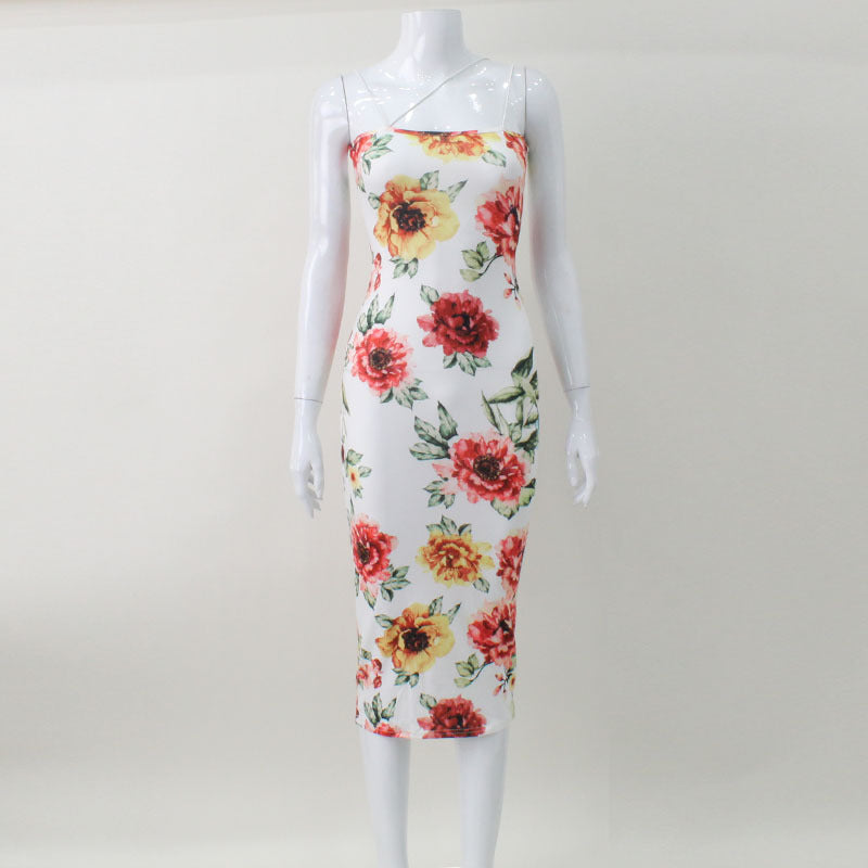 Women Floral Printed Sexy Suspender Slim Slimming Elegant Dress Women