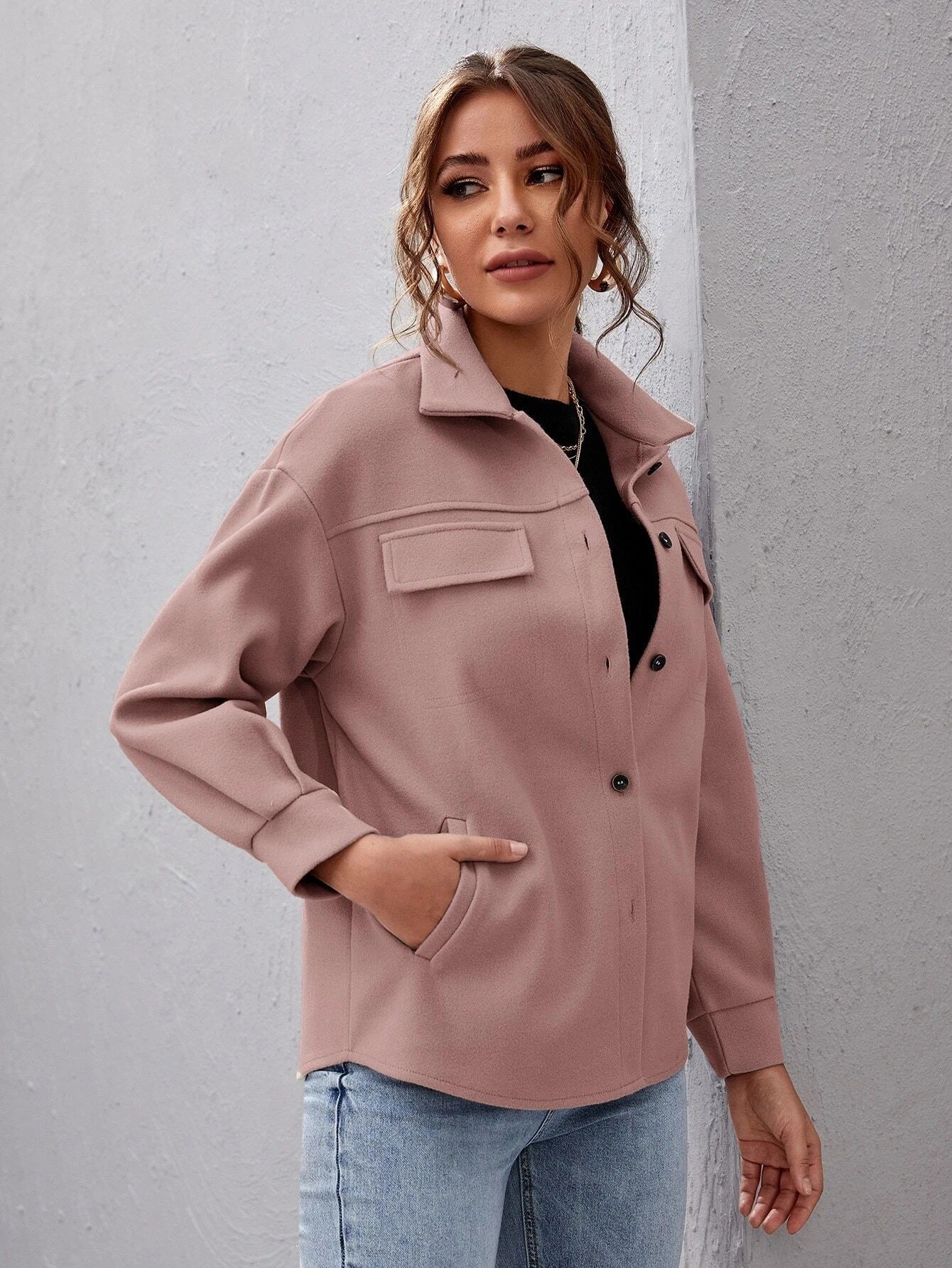 Autumn Winter Woolen Coat Single-Breasted Padded Shirt All-Match Solid Color Baggy Coat Women