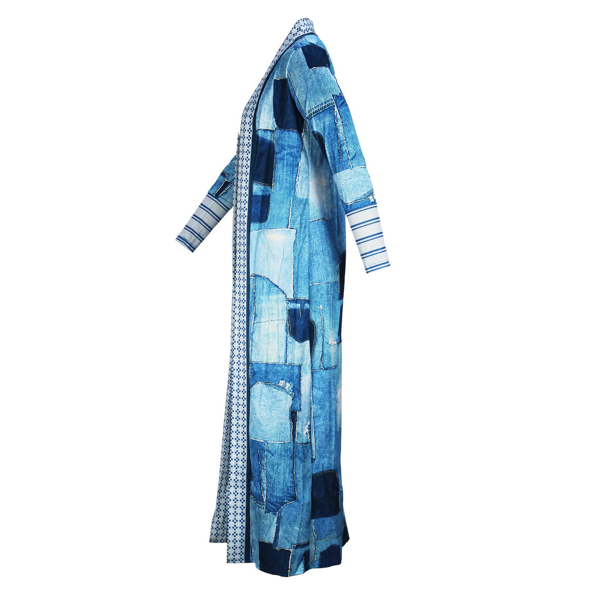 Casual Women Wear Imitation Denim Printed Long Trench Coat Cardigan Coat