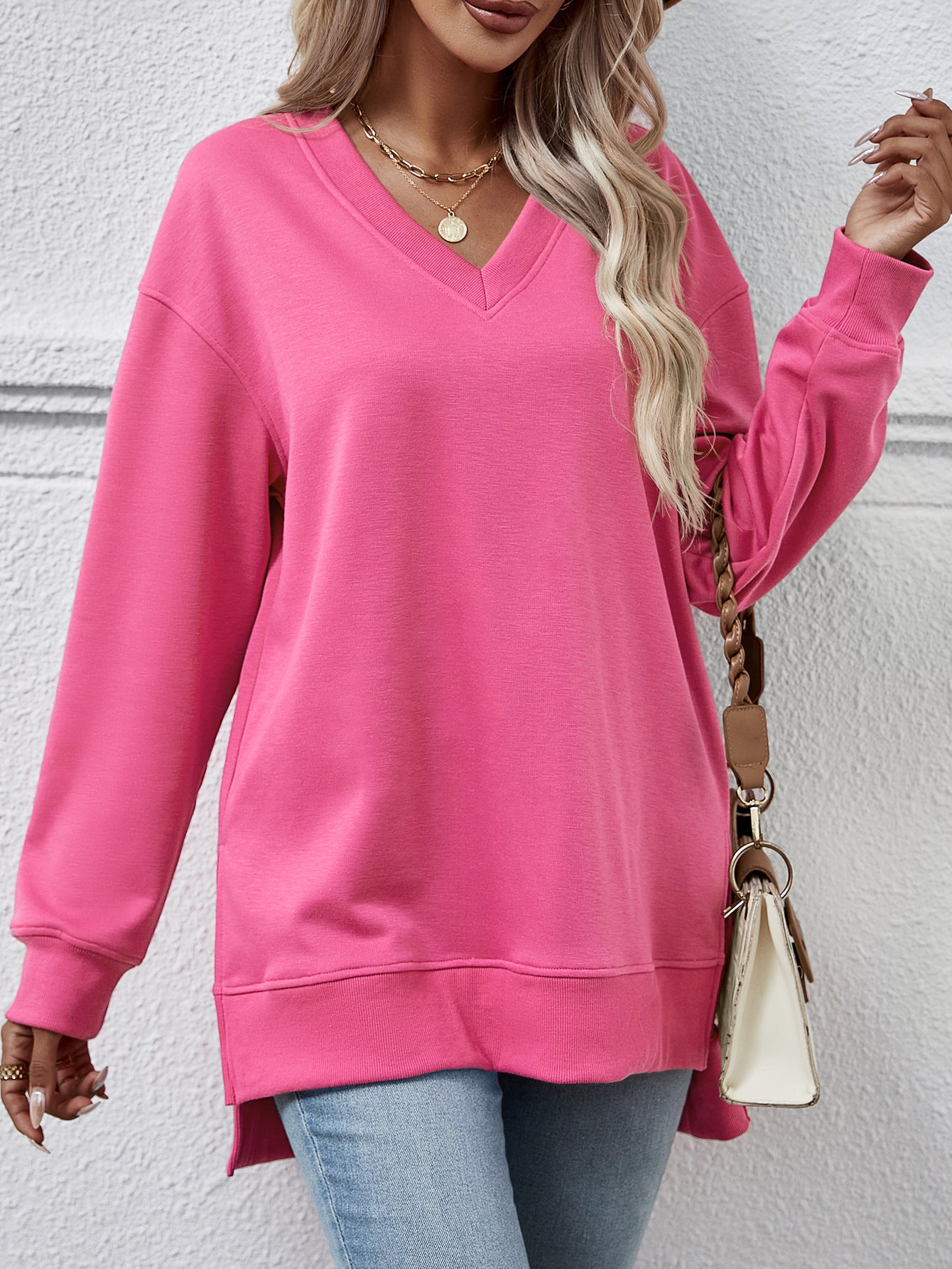 Autumn Winter Women Clothing Sweatshirt Solid Color V Neck Split Front Short Back Long Blouse