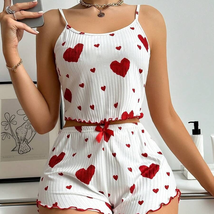 Ladies Homewear Heart Printing Suspender Shorts Casual Sunken Stripe Outerwear Women Pajamas