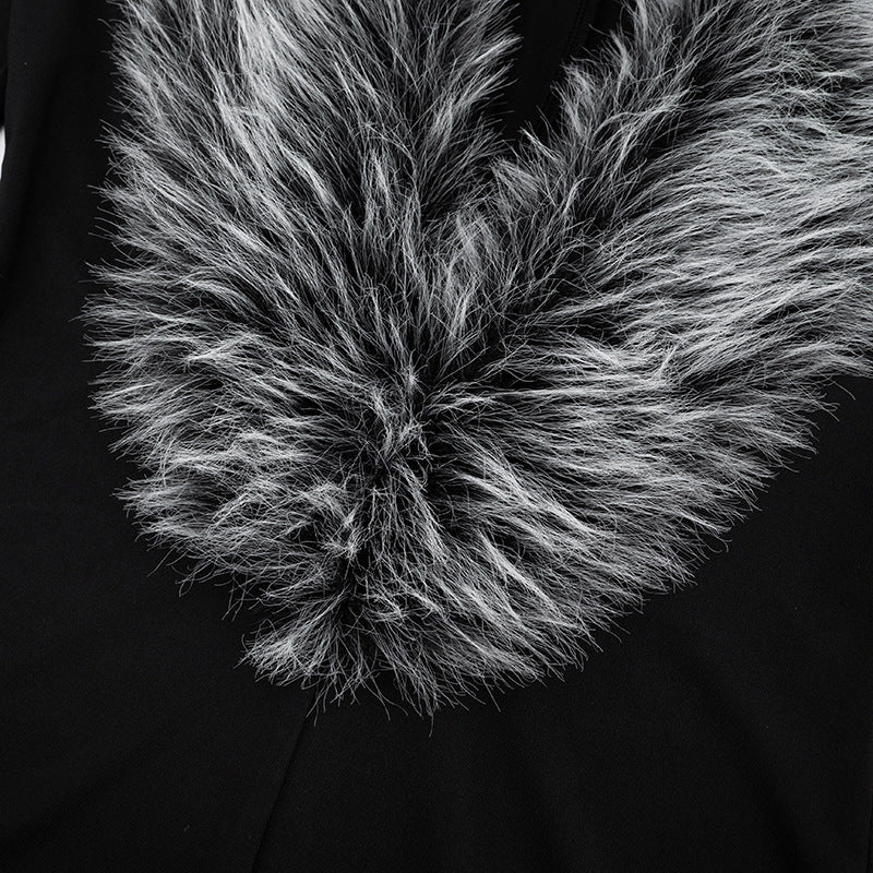 Women Clothing Autumn Winter Elegant Fur Collar Deep V Plunge Long Sleeve Tight Fitting Solid Color Elegant Romper
