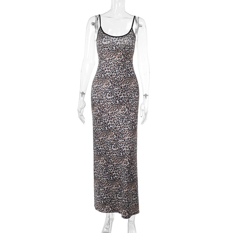 Spring Socialite Elegant Slim Leopard Print Cami Long Dress