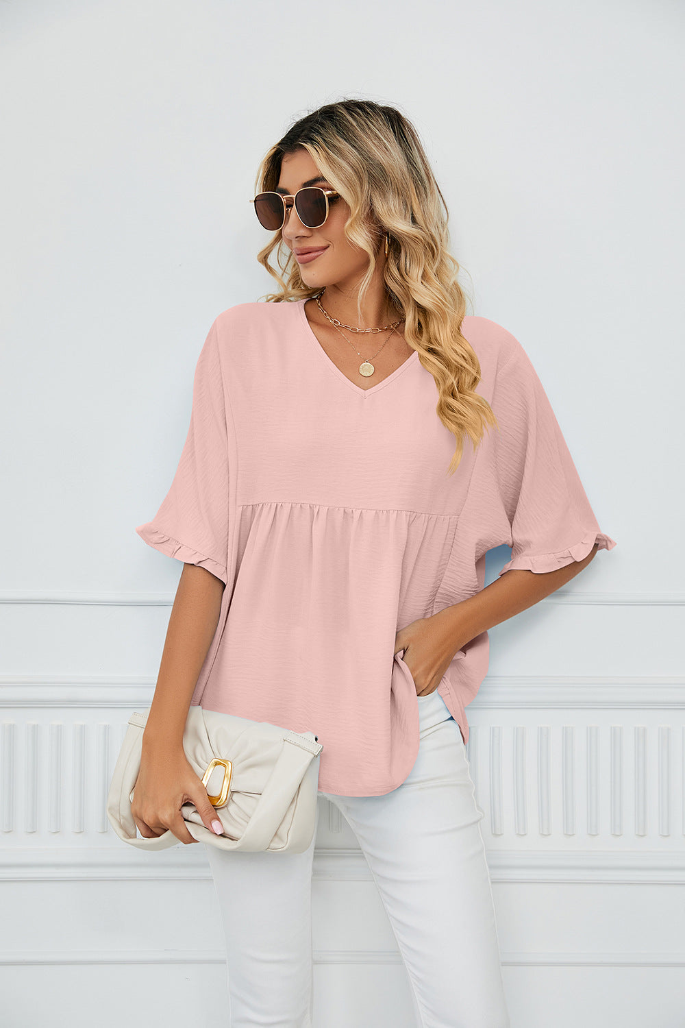 Summer Solid Color V-neck Loose Pleated Stitching Half Sleeve Chiffon Blouses for Women
