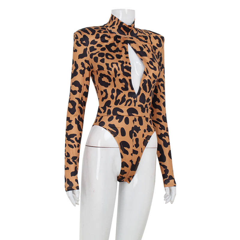Women Clothing Half High Collar Long Sleeves Sexy Cutout Leopard Print Slimming Sexy Jumpsuit