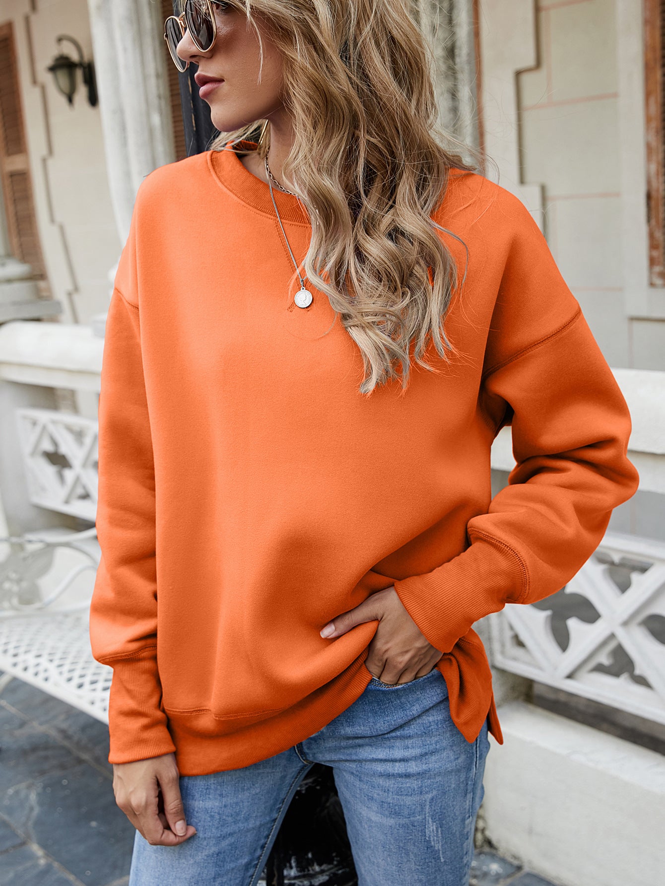 RWinter Women Clothing Slit Hemline Hem Fleece Round Neck Pullover Thickened Sweatshirt Women