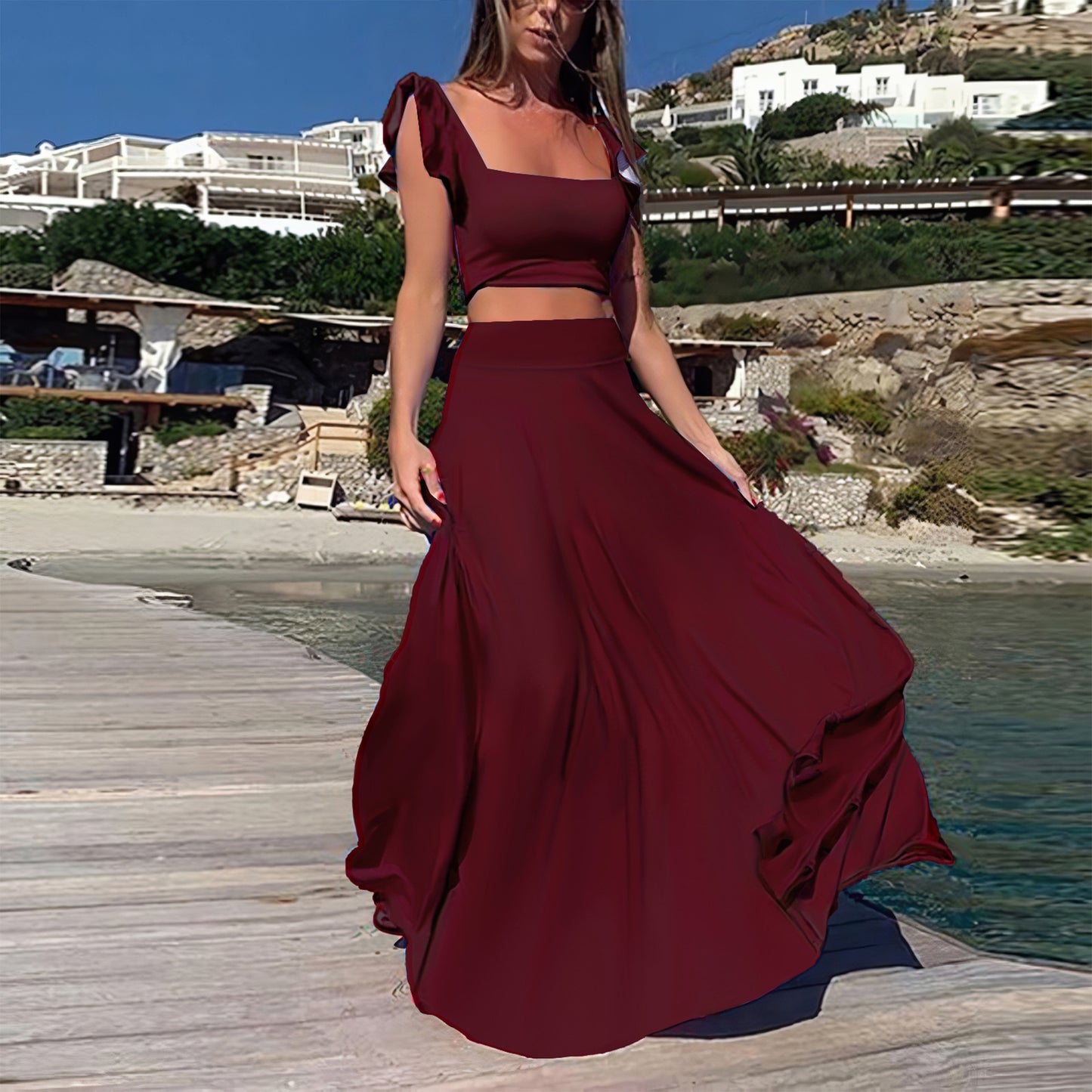Women Sexy Elegant Elastic Lace Solid Color Two Piece Skirt Set