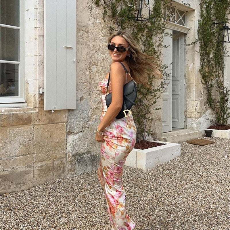 Women Clothing Summer Printing Slim Fit Backless Sling Dress