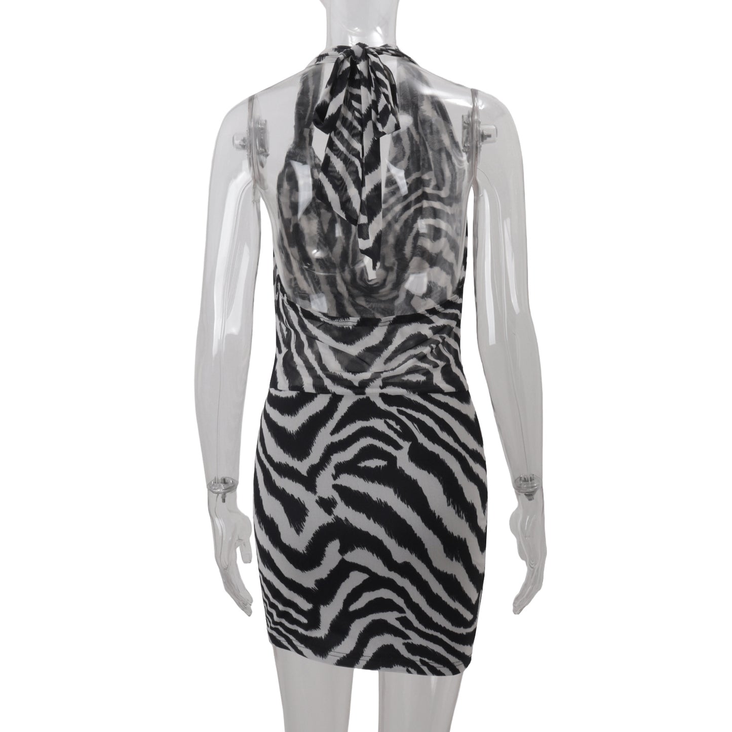 Women Clothing Autumn Sexy Halter Swing Collar Personality Zebra Pattern Sexy Hip Bag Dress Women