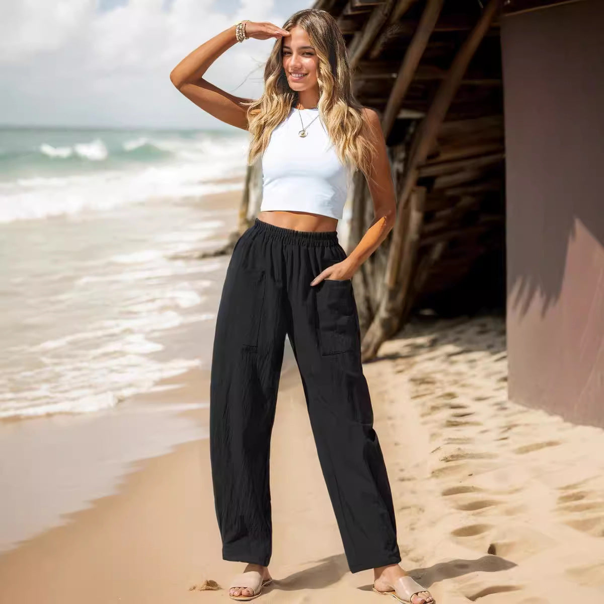 Women Clothing Autumn Winter Cotton Linen Casual Pants Vacation Elastic Waist
