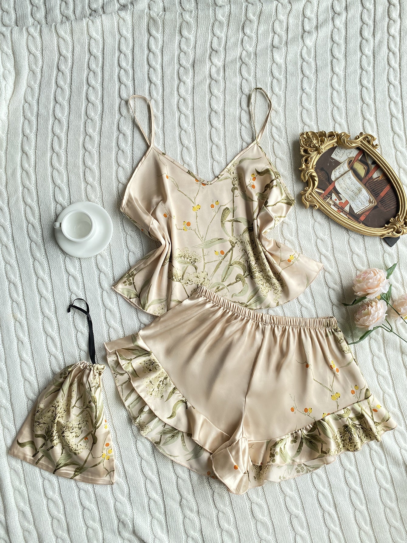 Spring Summer Imitated Silk Pajamas Two-Piece Printed Shorts Home Wear Suit Sexy Sling Dress