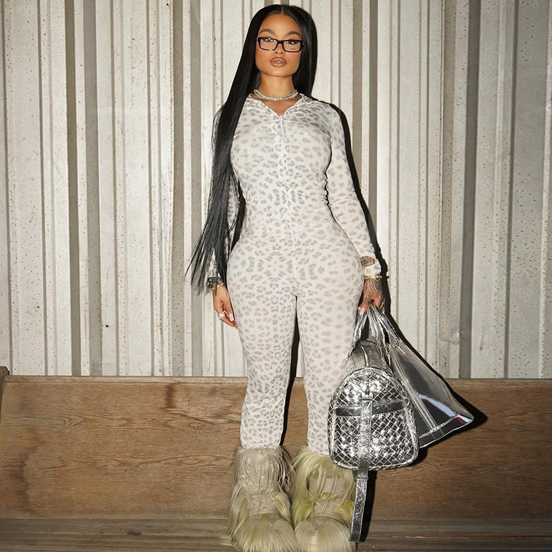 Autumn Winter Women Long Sleeved Leopard Print Flared Pants Zipper Cardigan Slim Fit Bodysuit