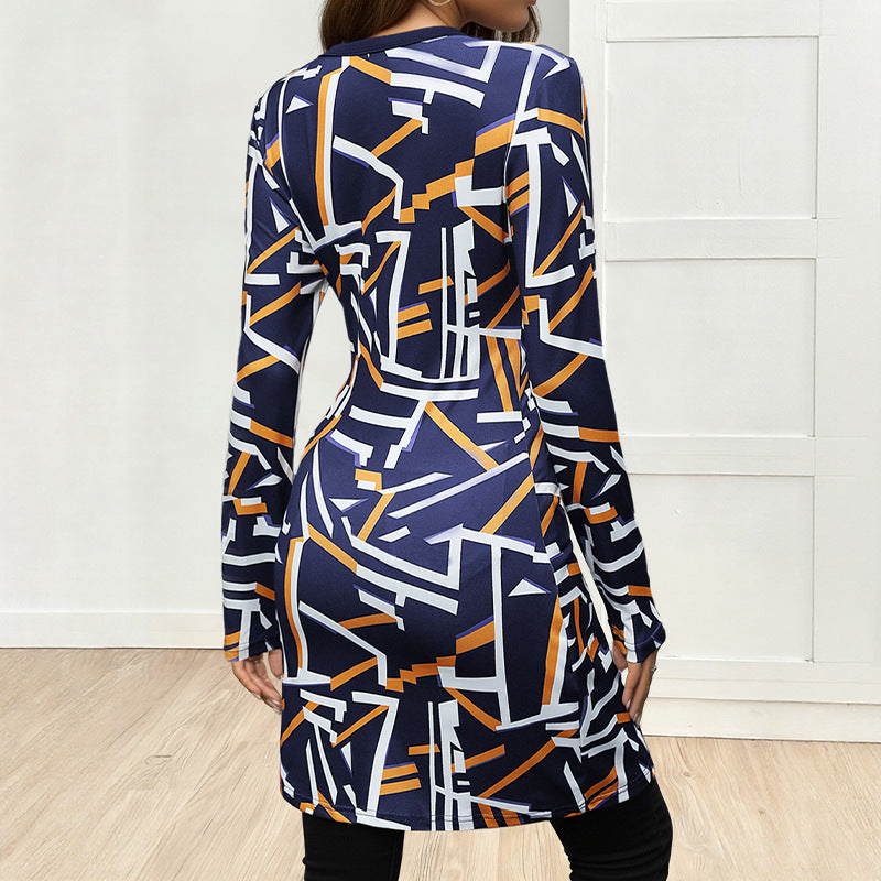 Geometric Abstract Printing Long T shirt V neck Slim Fit Slit Top Women Clothing
