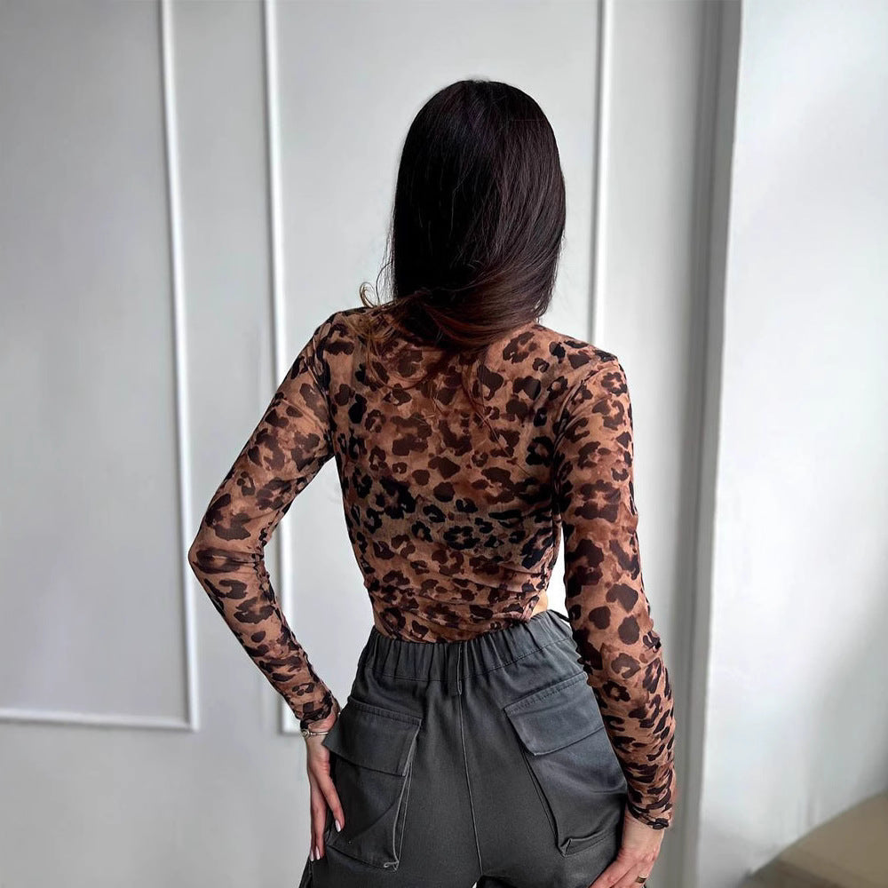 Personalized Sexy Slim Leopard Print Long Sleeve round Neck Bottoming Tops Women