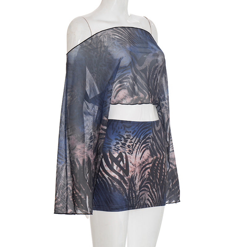Women Clothing Blooming Tiger Stripe Pattern Mesh off Shoulder Long Sleeve Top Skirt Set