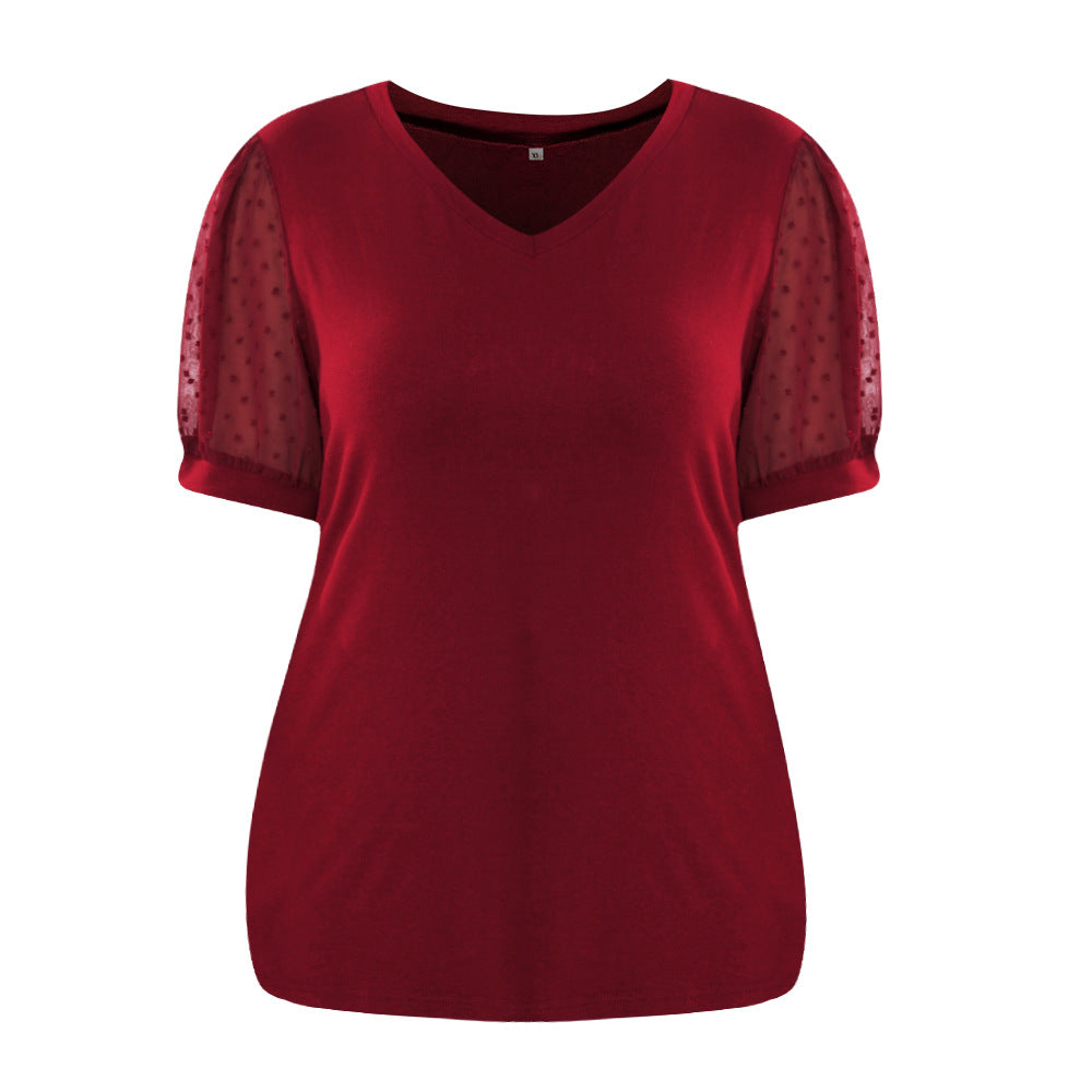 Women Clothing Mesh Fluffy Short Sleeve Puff Sleeve V neck Solid Color T shirt Women