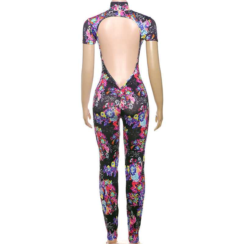 Spring Sexy Backless Skinny Personalized Printed Short Sleeved Jumpsuit Women Clothing