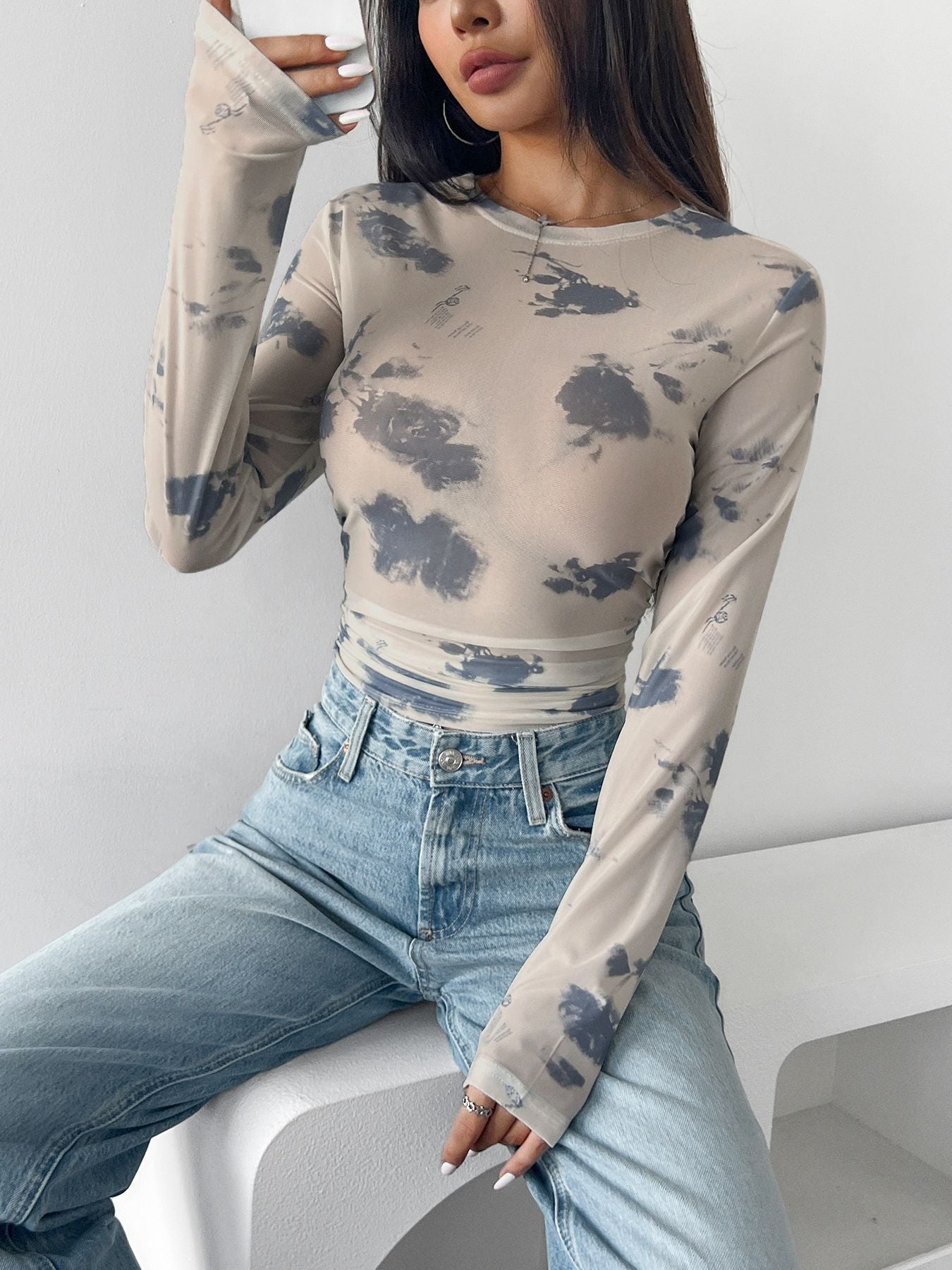 Autumn Winter Elegant Women loral Mesh Floral Print Pleated Side Short Top for Women