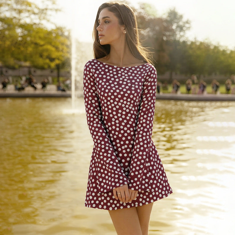 Women Clothing Autumn Polka Dot Print Slim Fresh Long Sleeve Short Dress