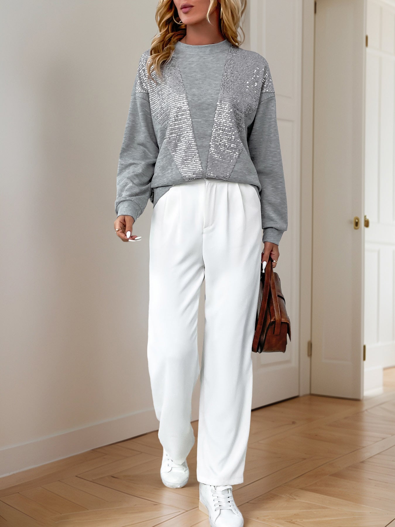 Spring Autumn Casual Retro Top Gray Long Sleeves Sequin Stitching Sweater