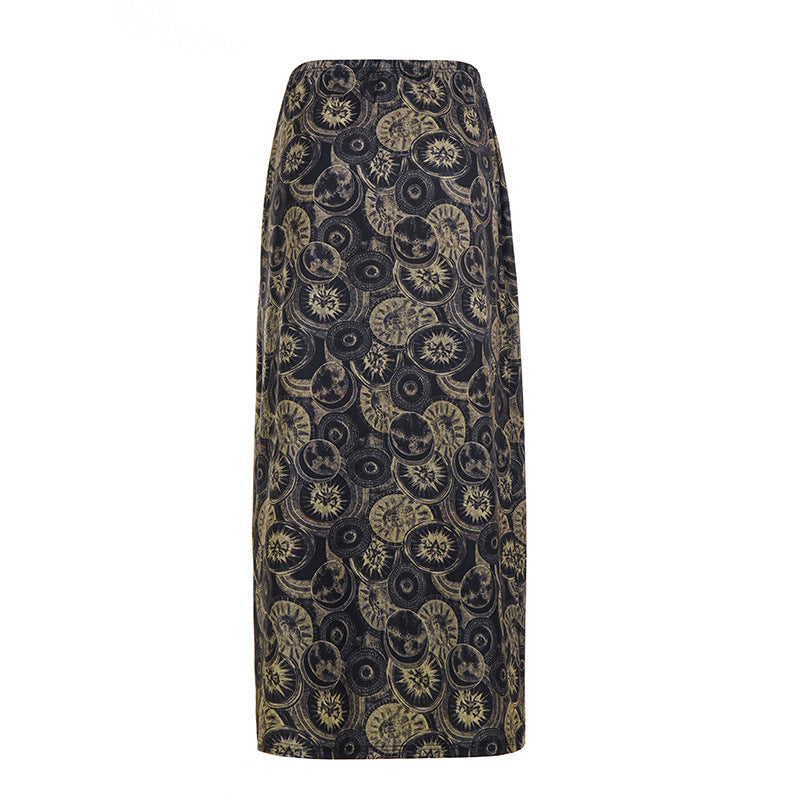 Ethnic Print Distressed Retro High Waist Cover Slimming Spring Summer Elegant Circle Maxi Skirt