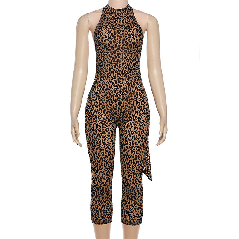 Autumn Winter Women Sexy Leopard Print Halter Strap Backless Slim Fit Cropped Jumpsuit