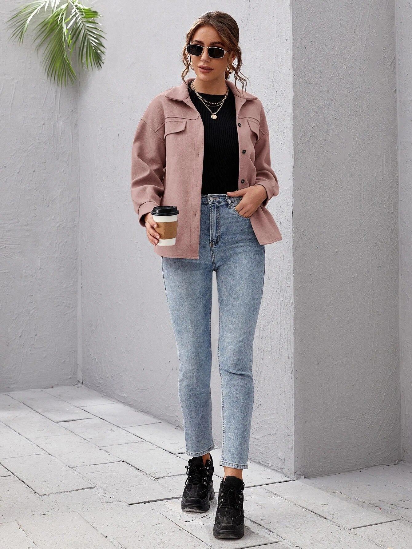 Autumn Winter Woolen Coat Single-Breasted Padded Shirt All-Match Solid Color Baggy Coat Women