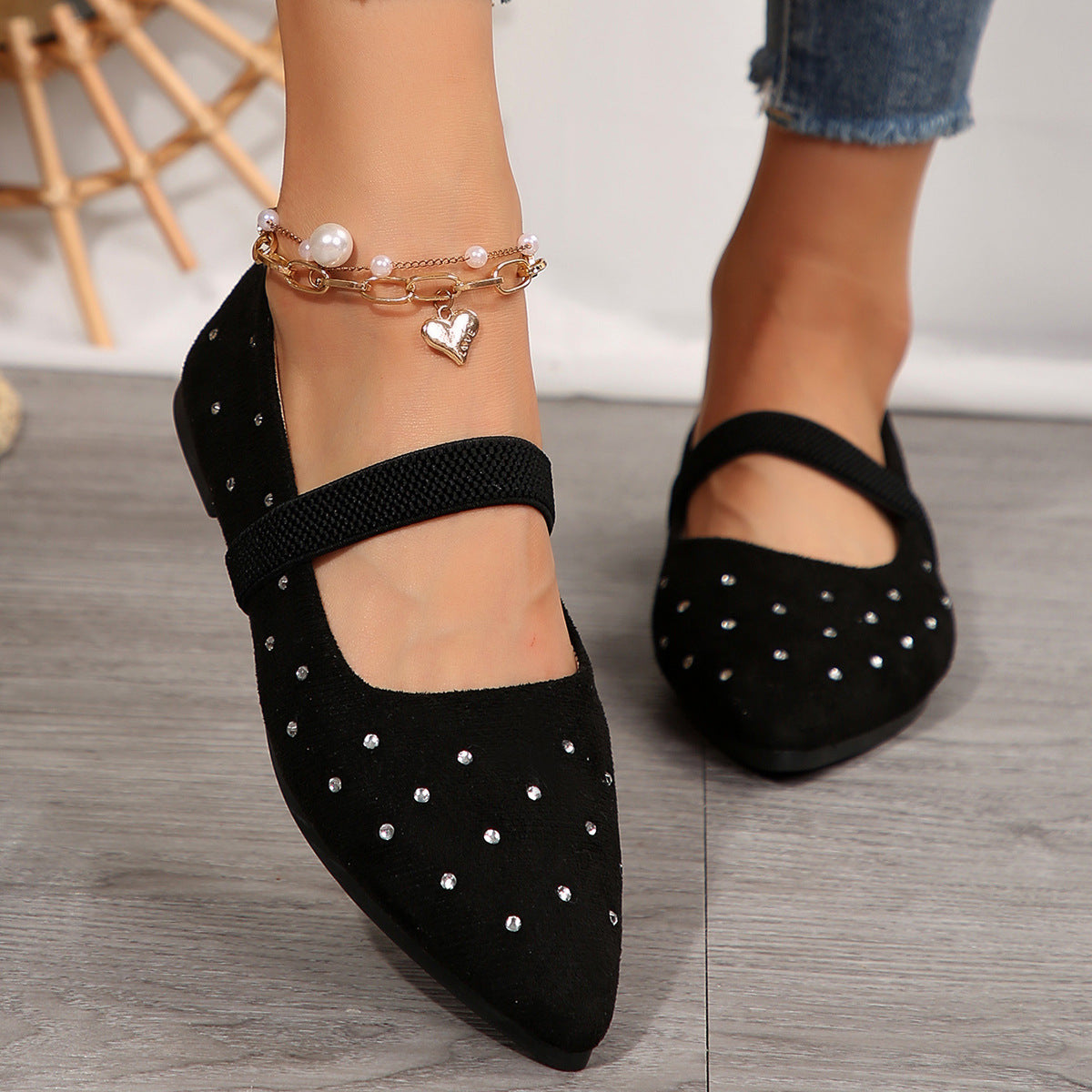 Pointed Toe Rhinestone Low Cut Flat Pumps Women Suede Four Seasons Work Shoes Supply