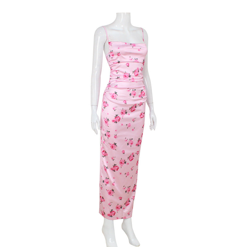 Summer French Sexy Swing Collar Gentle Pink Floral Print Slim Strap Dress Long