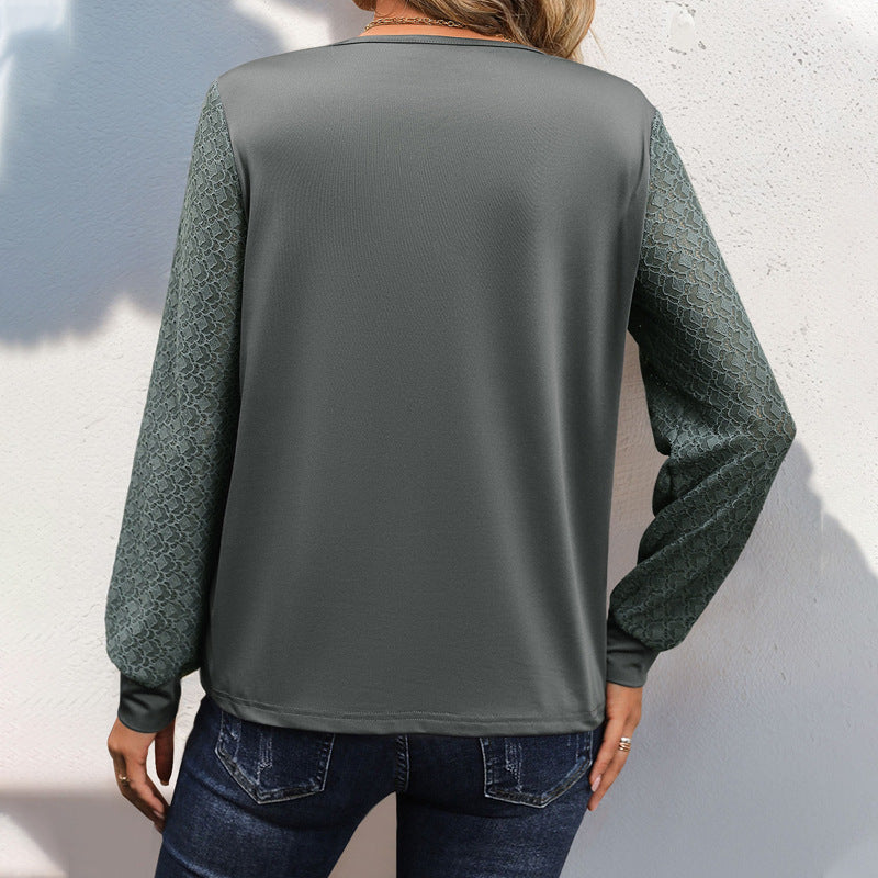 Autumn Lace Stitching Long Sleeve T shirt V neck Pleated Solid Color Simple T shirt Top for Women