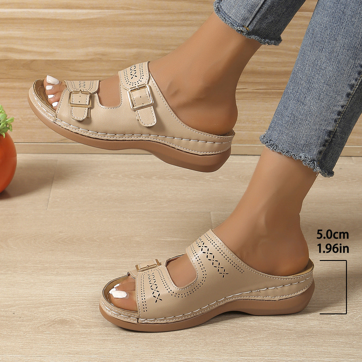 Carved Belt Buckle Platform Slippers Women Wedge Lightweight Outdoor Slippers
