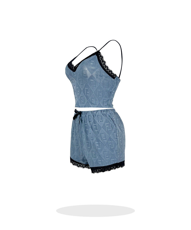 Lace Stitching Jacquard Pajamas Set Sexy Suspender Shorts Pajamas Two Piece Sets