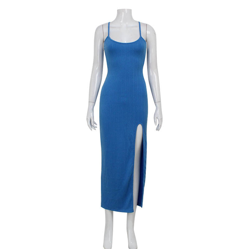 Women Sexy V Neck Knitted Suspenders Dress High Slit Lightly Mature Slim Fit Figure Flattering Maxi Dress