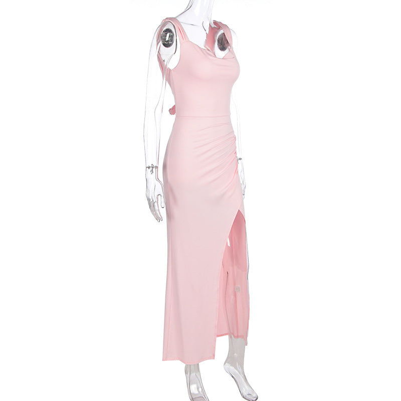 Women Clothing Spring Summer Elegance Sleeveless Backless Slingback Slim Fit Slit Dress