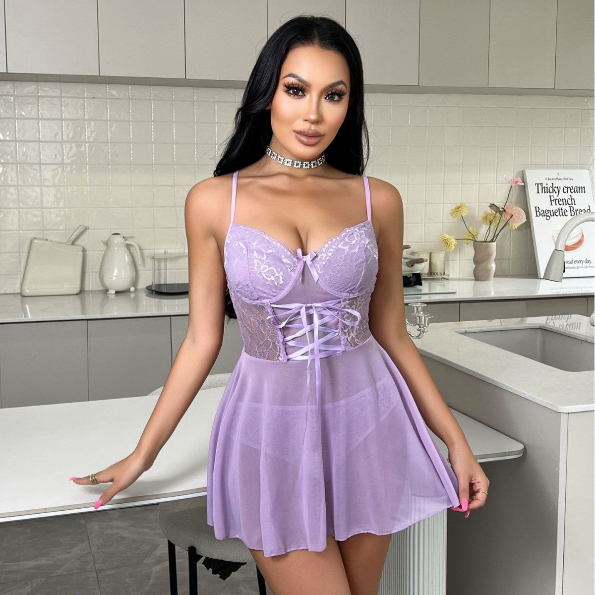 Lace Slip Nightdress V neck Sexy See through Tied Dress Sexy Lingerie