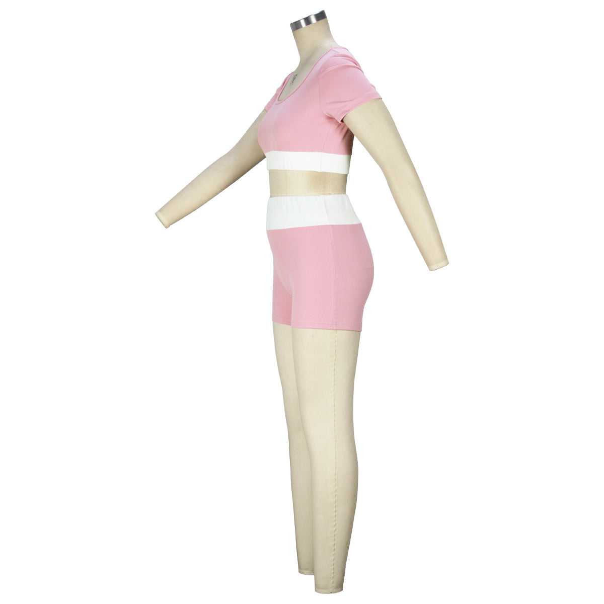 Summer Women Clothing Contrast Color U Neck Short Sleeved Shorts Two Piece Set Sexy Cropped Yoga Suit