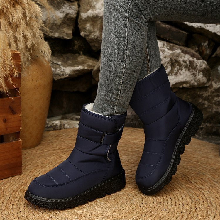 Winter Fleece Lined Warm Slugged Bottom Snow Boots Women Velcro down Cloth Mid Calf Cotton Shoes